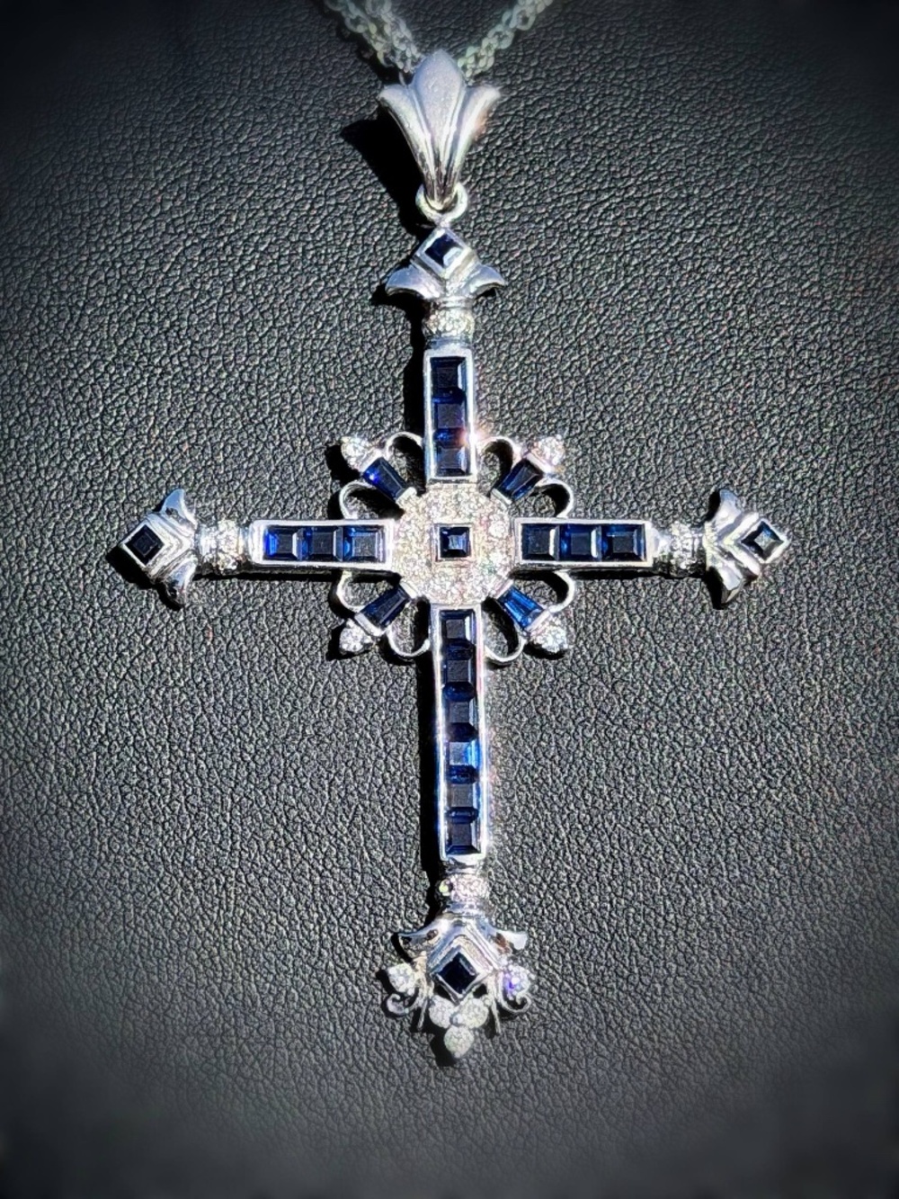 18k White Gold 1.5CTW Natural Sapphire 0.85CTW Diamond Cross Charm Pendant